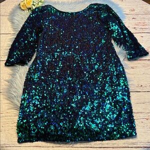 Discovery Clothing Iridescent Sequin Mini Dress with Blue and Green Sparkle Sz S